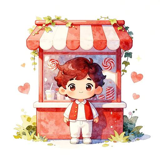 Cute Cartoon Boy at Candy Shop