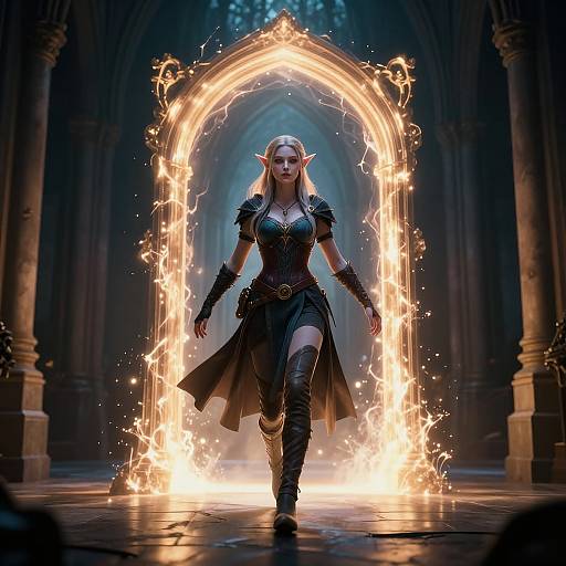 Digital fantasy artwork of an elf woman with long silver hair, glowing eyes, and pointed ears, walking through an illuminated, fiery archway in a dark