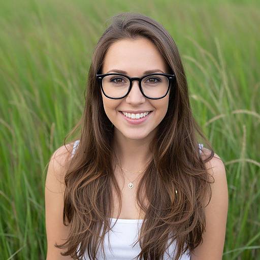 Photograph of a smiling young woman with long brown hair, black glasses, wearing a white sleeveless top, standing in a tall green grass field.