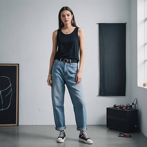 Woman in Low Rise Baggy Jeans and Black Tank Top