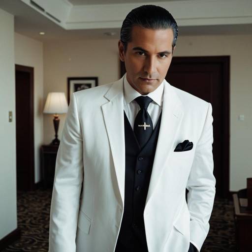Middle-aged man in white suit with black vest and tie