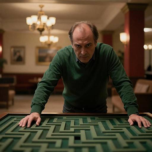 Middle-Aged Man in Dim Hotel Lobby