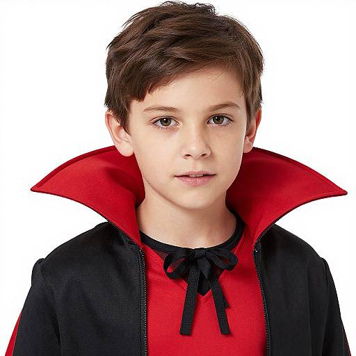 Photograph of a young boy with short brown hair, wearing a black cape with a red lining and high collar, and a red shirt with a black