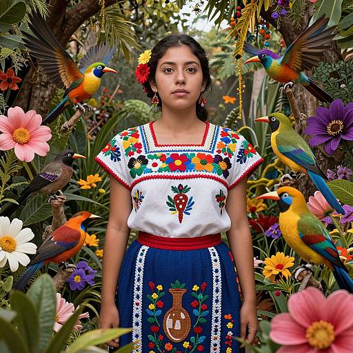Photograph of a young woman with dark hair, wearing a colorful embroidered dress, standing amidst vibrant flowers and flying parrots in a lush garden.
