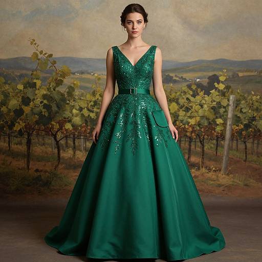 Photograph of a woman in a sparkling, emerald green, V-neck ball gown with a full skirt, standing in a vineyard setting.