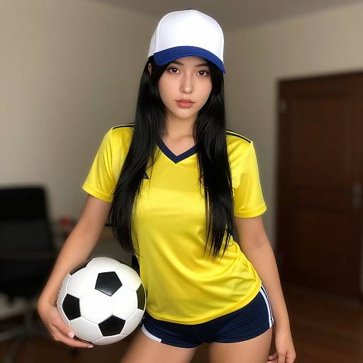 Photograph of an Asian woman with long black hair, wearing a white baseball cap, yellow soccer jersey, and black shorts, holding a soccer ball in