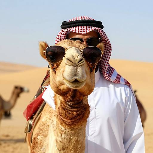 Photograph of a man with a red-checkered keffiyeh, dark sunglasses, and white thobe, standing in a desert with a camel