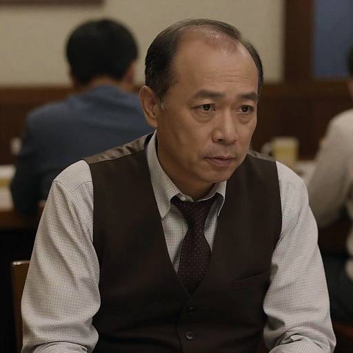 Middle-aged Man in Brown Vest at Restaurant