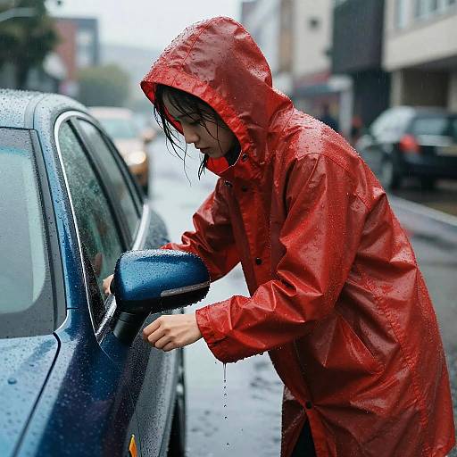 Rain Woman Washing Car in Vibrant Coat