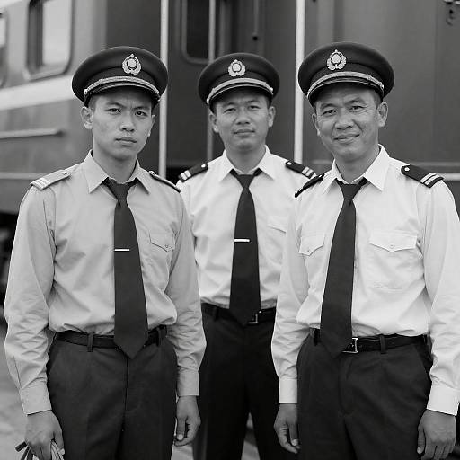 Black-and-White Train Conductors Portrait