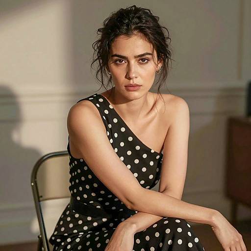 Serious Woman in Polka Dot Dress Sitting on Chair