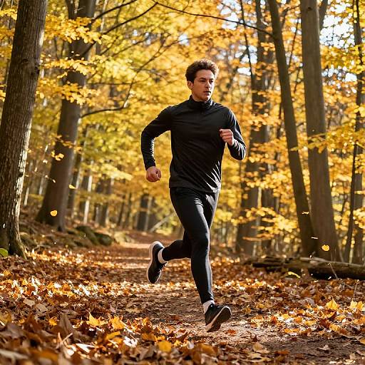 Photograph of a young man with short brown hair, wearing a black long-sleeve shirt and pants, running on a forest path covered in orange