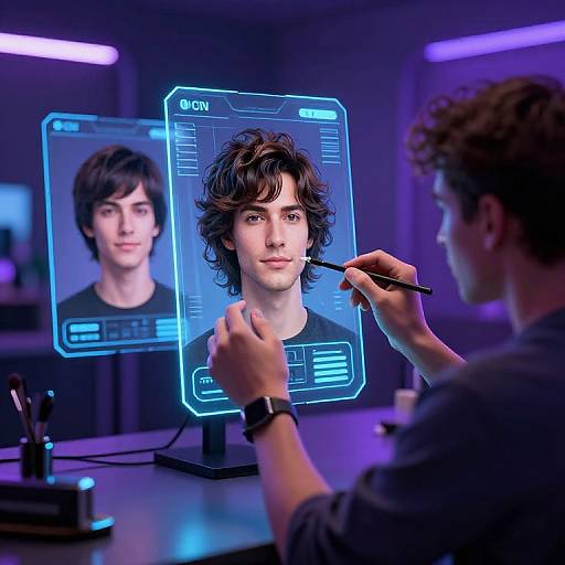 Photograph of a man with curly brown hair digitally editing his face on a glowing blue holographic screen. He holds a stylus, with a mirror