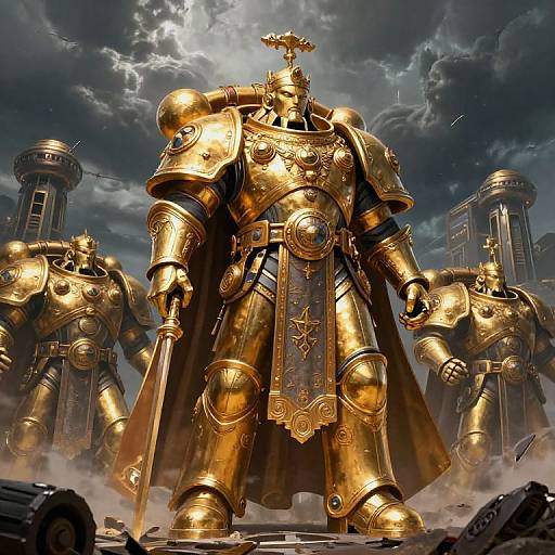 Digital artwork of three towering, golden armored warriors with intricate designs, standing in a dramatic, cloudy battlefield with ruined towers.