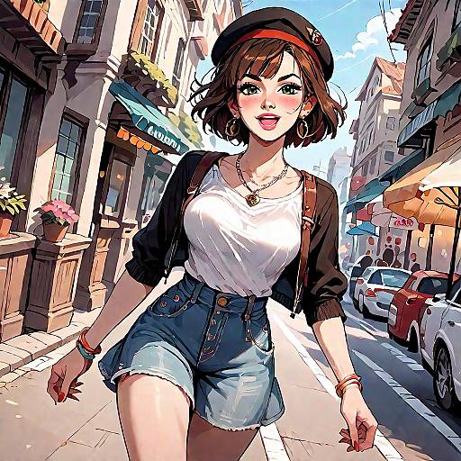 Digital anime-style street art of a smiling young woman with short brown hair, wearing a black beret, white top, denim shorts, and black card