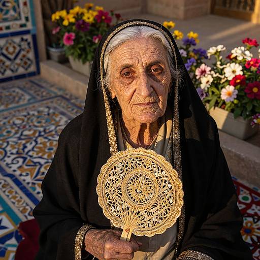 Photograph of an elderly woman with wrinkled skin, white hair, and dark eyes, wearing a black nun's habit, holding an ornate golden