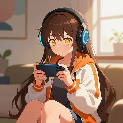 Anime-style digital drawing of a young girl with long brown hair, yellow eyes, and blue headphones, sitting on a couch, playing a handheld game console