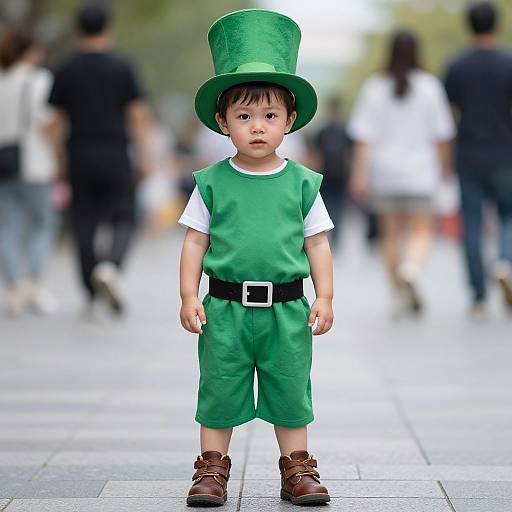 Photograph of a young Asian boy in a green outfit, top hat, black belt, and brown boots, standing in a busy urban street.