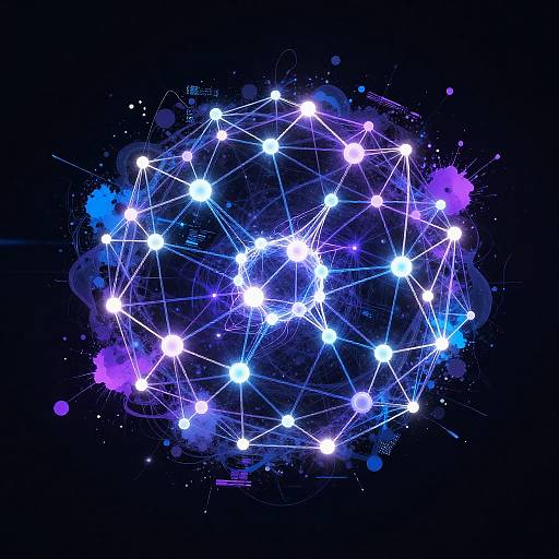 Digital artwork of a glowing, interconnected network of white and purple lights against a dark blue and black background.