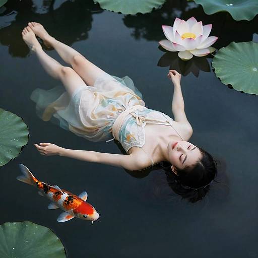 Woman Floating in Lotus Pond with Koi Fish
