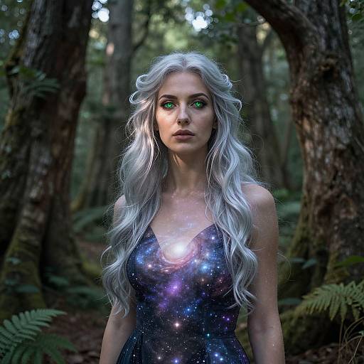 Photorealistic digital artwork of a silver-haired woman with glowing green eyes, wearing a galaxy-patterned dress, standing in a dense forest.