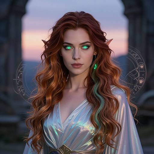 Digital artwork of a beautiful, ethereal woman with glowing green eyes, long wavy red hair, and a shimmering silver dress, standing against a
