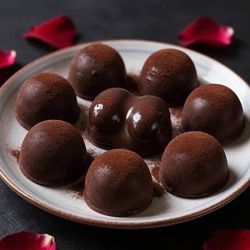 Photograph of nine chocolate truffles with a textured, cocoa-dusted surface on a silver plate, set against a dark background with scattered red rose petals