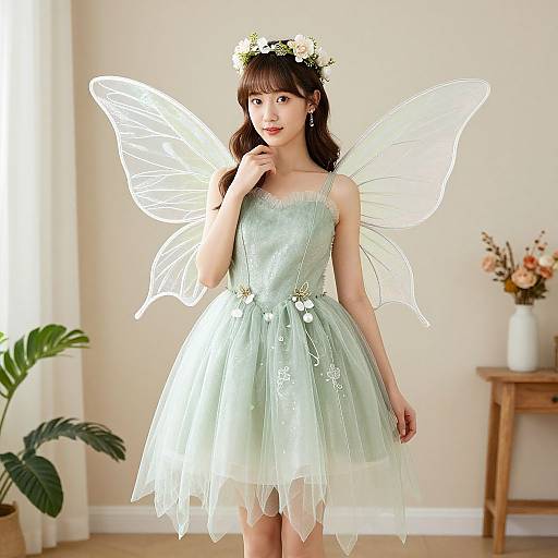Photograph of an Asian woman in a light green, sleeveless, tulle fairy dress with transparent wings and a floral crown, standing in a bright