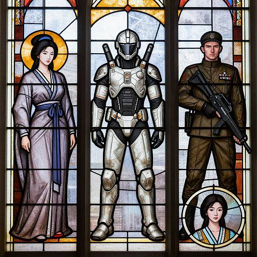 Stained glass artwork depicting a holy trinity: angelic woman, armored soldier, armed soldier, with a portrait of an Asian woman below.