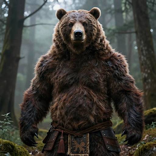 Photorealistic CGI image of a muscular bear in a forest, wearing a dark brown fur loincloth with metal accents, standing confidently with a fierce