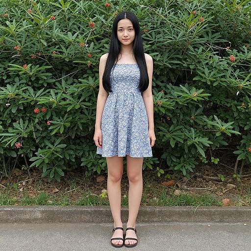 Photograph of an Asian woman with long black hair, wearing a blue floral dress, standing in front of lush green bushes. She has a fair complexion