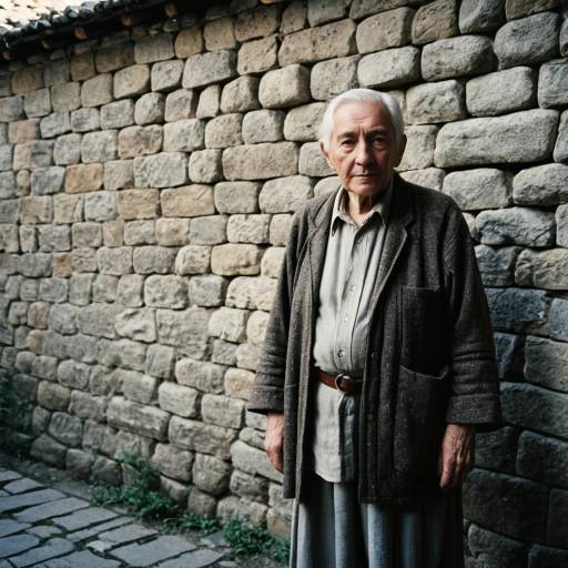 Elderly Person Standing by Rustic Stone Wall