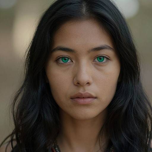 Close-up photograph of a young woman with long, straight black hair, olive skin, and striking green eyes, looking directly into the camera with a neutral