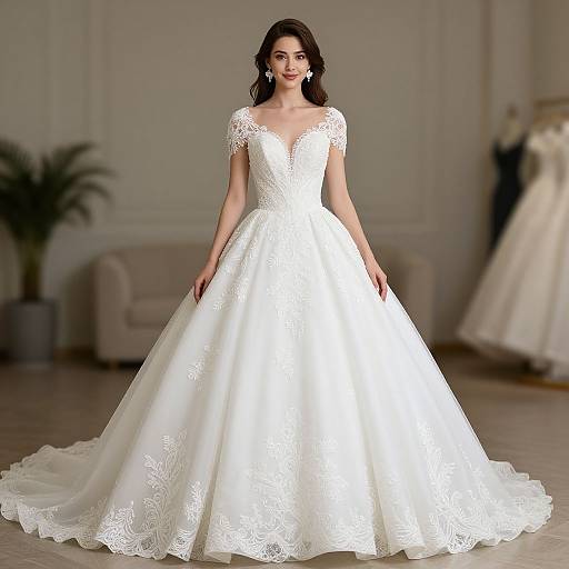 Photograph of a beautiful woman with long brown hair wearing a white, lace-embellished, V-neck, short-sleeve wedding gown,