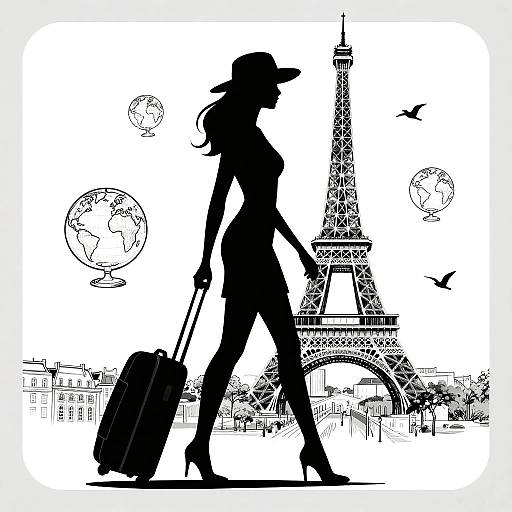 Silhouette of a woman in a hat and high heels, pulling a suitcase, walking past the Eiffel Tower, with globe sketches and birds in