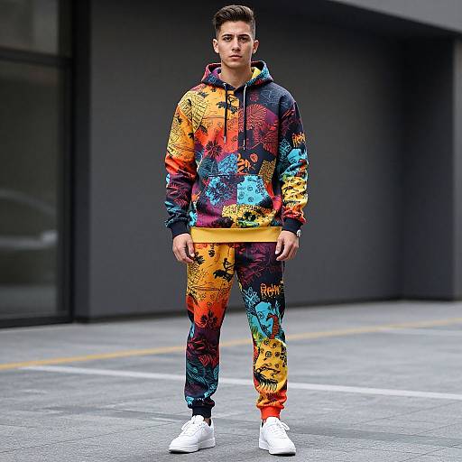 Photograph of a young man with short brown hair, wearing a colorful abstract-patterned hoodie and pants, white sneakers, standing on a city street.