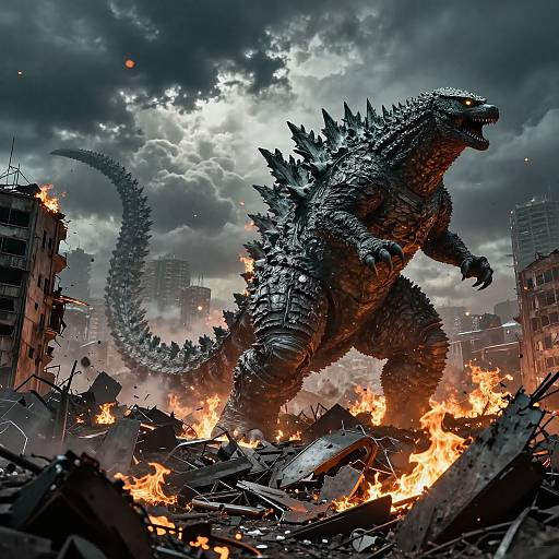 Digital artwork of a massive, scaled Godzilla destroying a city with intense flames, shattered buildings, and a stormy, cloud-filled sky.