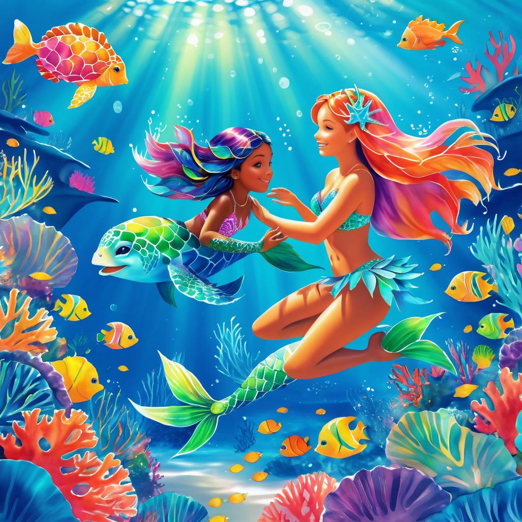 Mermaid and Sea Turtle in Vibrant Ocean