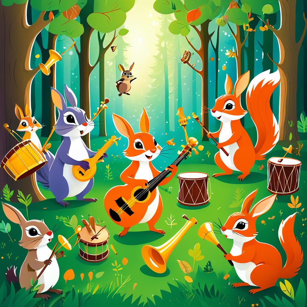 Whimsical Musical Animals in Forest