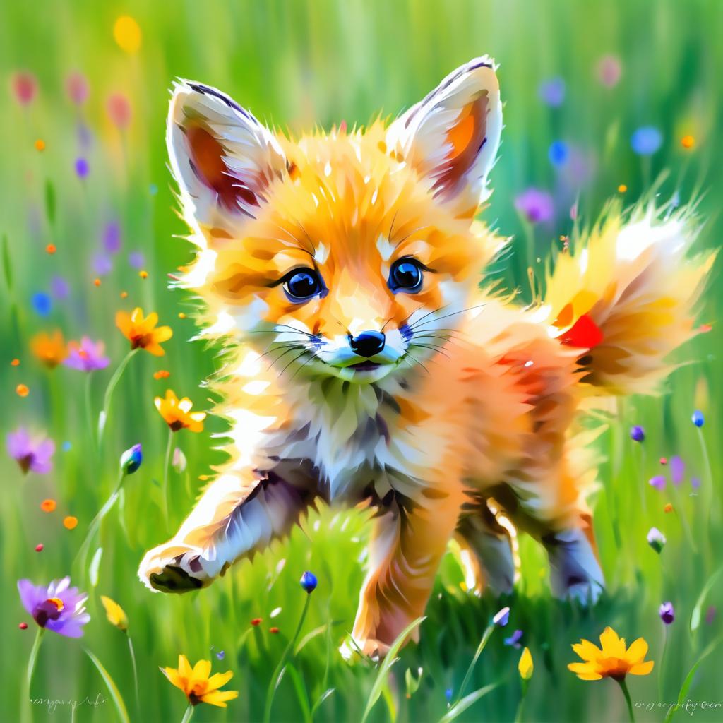 Impressionist Baby Fox in Wildflower Field