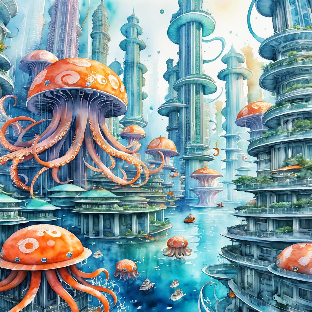 Futuristic Underwater City with Giant Octopus