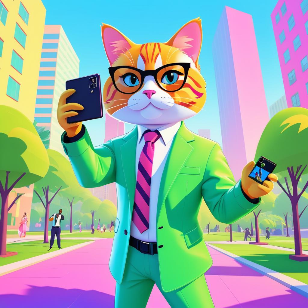 Fashionable Cat Taking Selfie in City Park