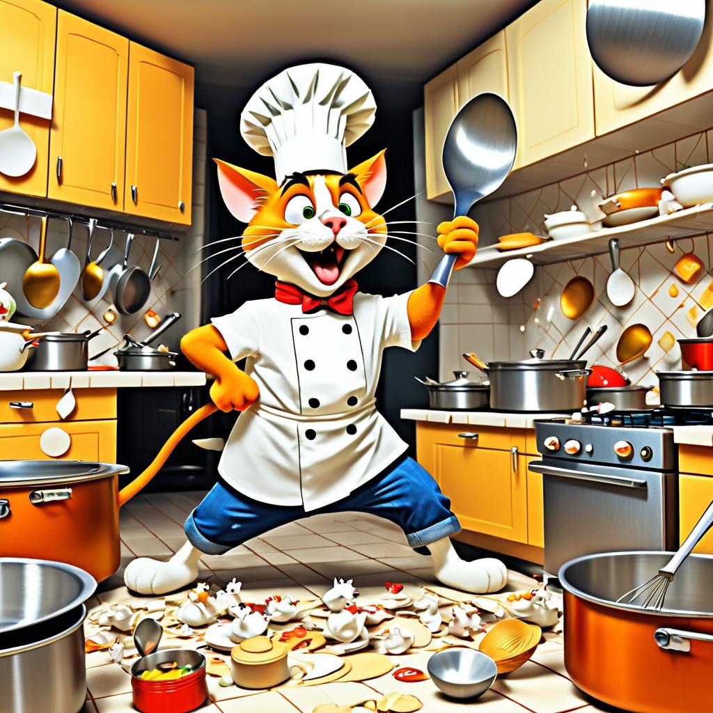 Frustrated Tom Cat in Chaotic Kitchen