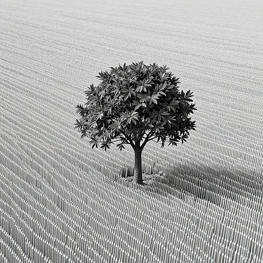 Black-and-white digital illustration of a solitary tree with dense foliage, casting a shadow, standing in a field of diagonal lines.
