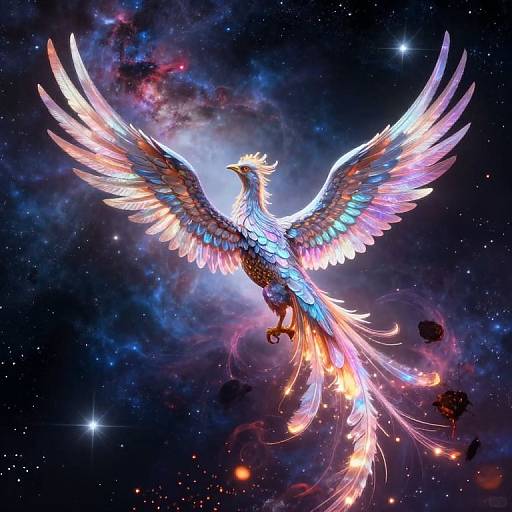 Digital artwork of a radiant, phoenix-like bird with glowing wings, multicolored feathers, and a fiery tail, soaring through a starry, cosmic