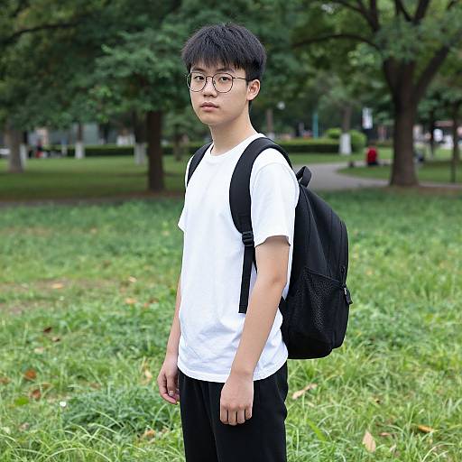 Photograph of an Asian teenage boy with black hair, glasses, white t-shirt, black pants, and black backpack, standing in a grassy park