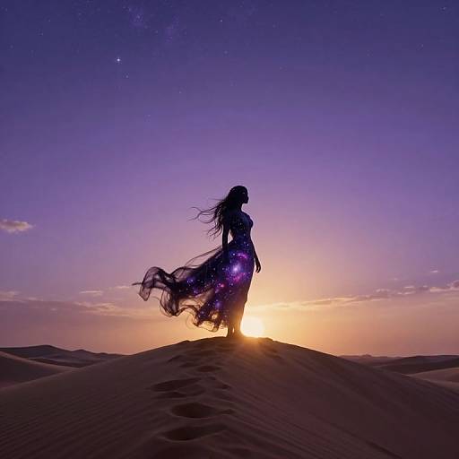Silhouetted woman with flowing dress stands on desert dune at sunset, surrounded by starry, purple-blue sky. Digital art.