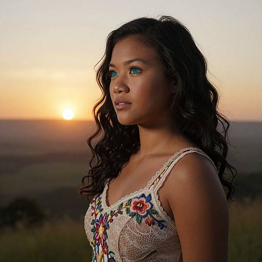 Photograph of a beautiful Black woman with long, wavy hair and glowing green eyes, wearing a floral lace top, against a sunset-lit,