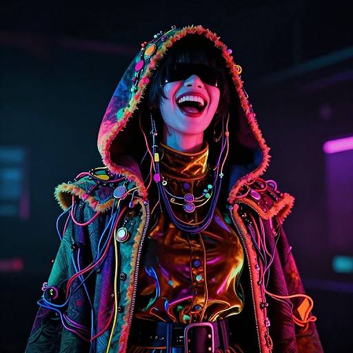 Photograph of a smiling person in neon-lit, colorful hooded jacket with fur trim, wearing multiple cords and a glowing necklace, against a dark