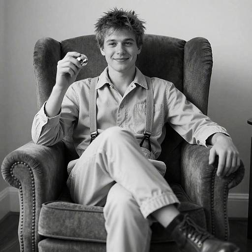 Young Man Sitting in Armchair with Reflective Object
